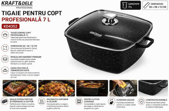 Kraft & Dele Cratiță Pătrată Ceramică cu Capac din Sticlă 28x28cm 7lt