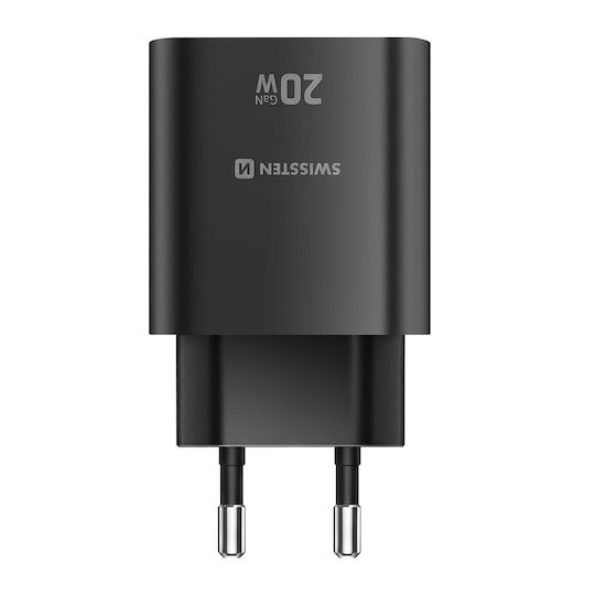 Swissten Зарядно Устройство Без Кабел GaN с USB-A Изходен Порт и USB-C Изходен Порт 20W Power Delivery / Quick Charge 3.0 Черно (Edge)