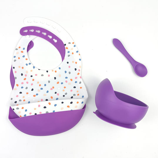 Baby Cloud Feeding Set Dots made of Silicone with Non-Slip Base Purple 4pcs for 6+ months