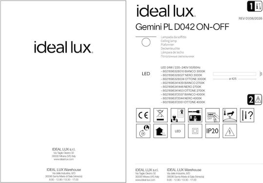 Ideal Lux Deckenleuchte 42.5cm Weiß mit Integrierter LED
