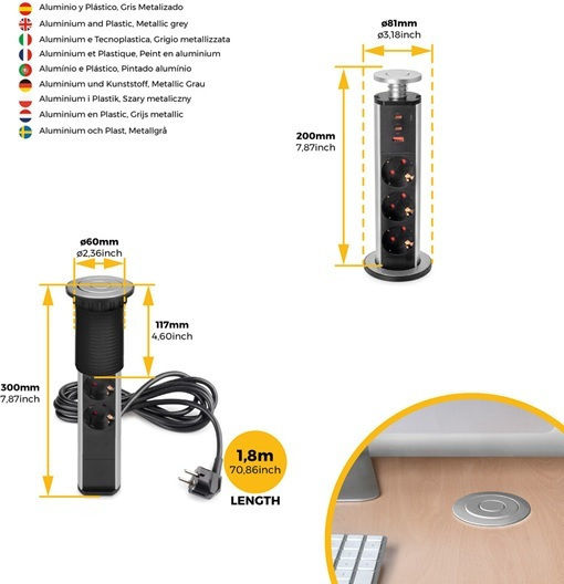 Emuca Τριπλή Πρίζα Ρεύματος με 1 Θύρα USB με Καπάκι Μαύρη