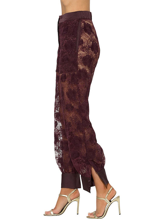 Damen Satin Hose Blumen Burgundisch