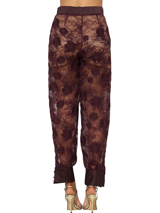 Damen Satin Hose Blumen Burgundisch