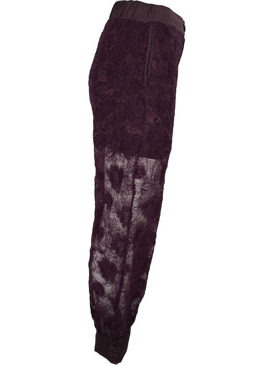 Damen Satin Hose Blumen Burgundisch