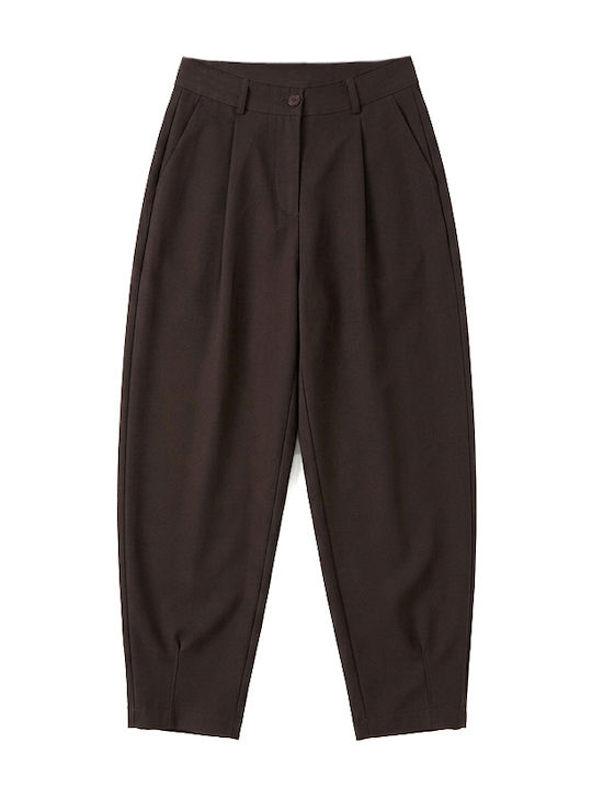 Pantaloni Dama Cu Talie Înaltă Din Țesătură Cu Elastic Maro