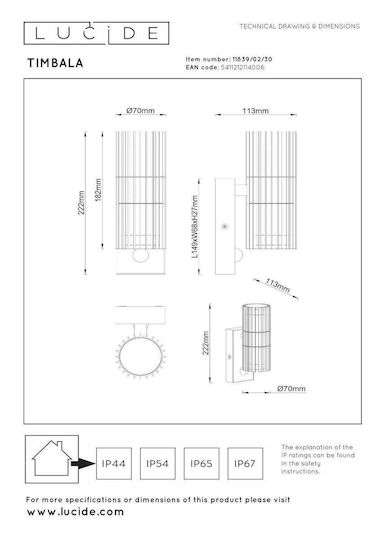 Lucide Lightning Timbala Wandmontiertes Außenbeleuchtung Punkt GU10 IP44