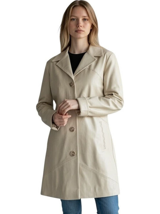 Leather Women's Coat Ecru with Buttons