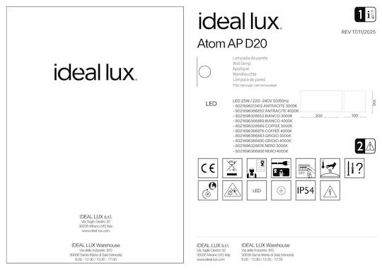 Ideal Lux Atom Επιτοίχια Εξωτερική Πλαφονιέρα LED IP54 με Φυσικό Λευκό Φως 20x10x10εκ.