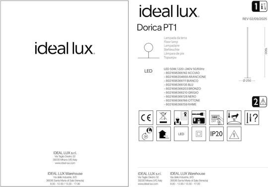 Ideal Lux Dorica LED Φωτιστικό Δαπέδου Υ190xΜ25εκ. με Θερμό Λευκό Φως 7100lm Γκρι