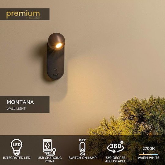 Lucide Lightning Montana Φωτιστικό Τοίχου με Ενσωματωμένο LED και Ρυθμιζόμενο Λευκό Φως Καφέ 6εκ.
