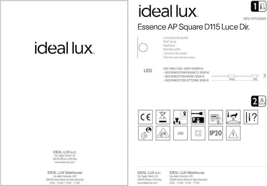 Ideal Lux Essence Lamp Wall with Integrated LED and Warm White Light 115x12cm