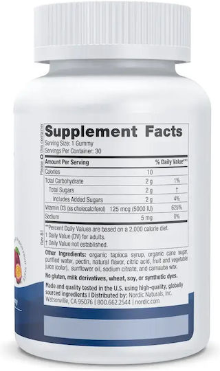 Nordic Naturals Vitamina D3 pentru Întărirea Imunității și Sănătatea Oaselor 5000 IU 5 mg Passion Fruit 2 g 60 Gummies