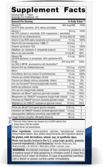 Nordic Naturals Multivitamine pentru Energie, Susținerea Sistemului Imunitar și a Sistemului Nervos 800 UI 108 mg Ginger 60 Comprimate