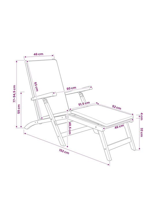 Double Wooden Deckchair with White Pillow 152x60x94.5cm