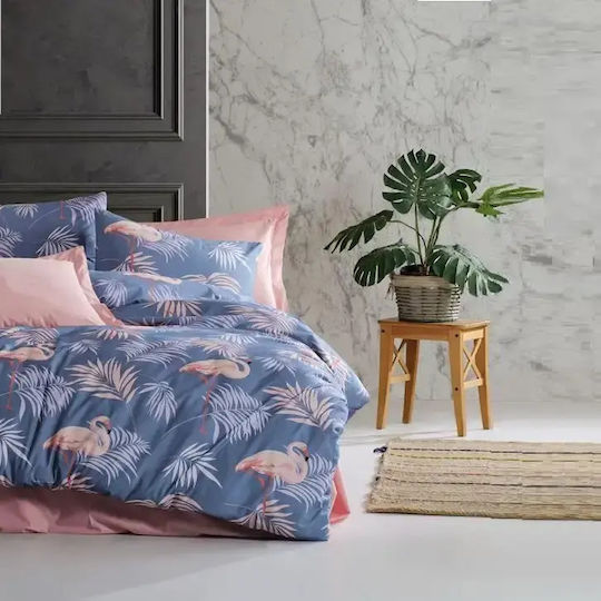 Set Huse Pentru Pilote Bumbac Satinat 200x220cm Dublu Cu 2 Fețe De Pernă Și 1 Cearșaf Albastru