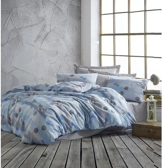 Set Huse Pentru Pilote Bumbac Satinat 200x220cm Dublă Cu 2 Fețe De Pernă & 1 Cearșaf Albastru Deschis