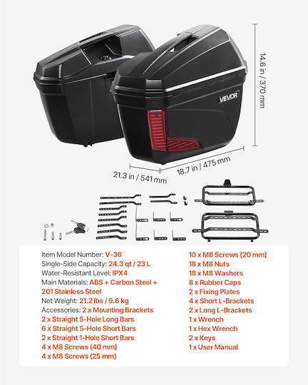 Vevor Geantă Laterală pentru Motocicletă 46l 23l*2 Geantă de Șa pentru Motocicletă de Uz General Abs Impermeabile Detașabile Cutii Laterale pentru Motocicletă Stânga și Dreapta Cu Lacăt de Siguranță Depozitare Bagaje Set 2