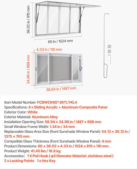 Vevor Concession Window 1524x915mm Service Window Aluminum Alloy Food Truck Serving Base Up To 85 Degrees 4 Sliding Acrylic Windows Awning Door Tow Hook Water Resistant
