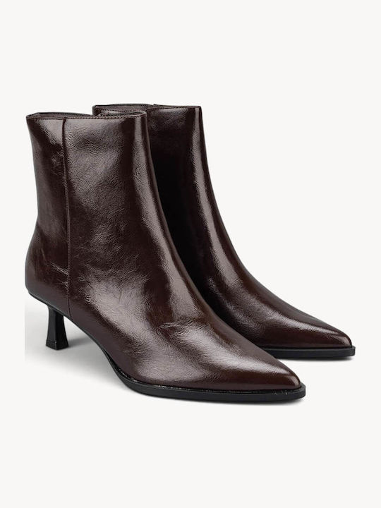 Braune Lackleder Mütze Stiefeletten mit gebogener Kitten Heel