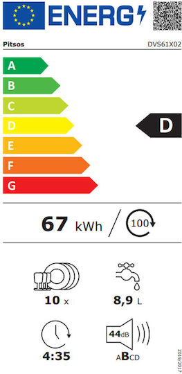 Pitsos Vollständig Eingebauter Geschirrspüler mit Wi-Fi Für 10 Gedecke P45xY87.5cm