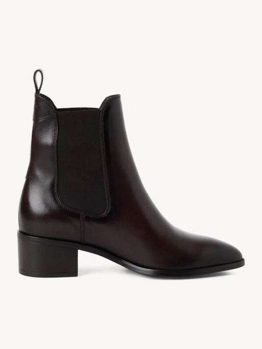 Leather Women's Ankle Boots with Medium Heel Brown