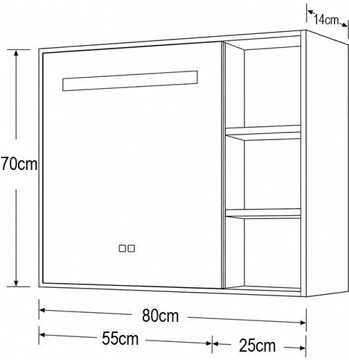 Phoebe Rectangular Bathroom Mirror Led Touch with Shelf and Cabinet 80x70cm Black