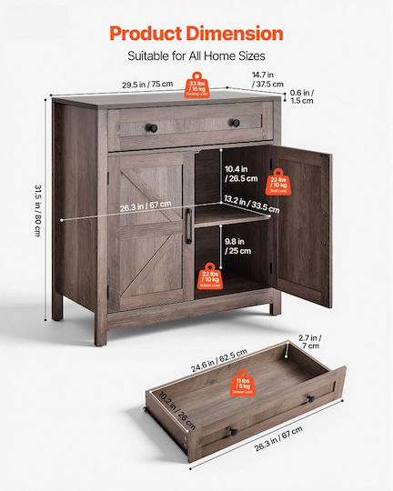Sideboard aus Holz & Metall mit Schubladen Grau 75x37.5x80cm
