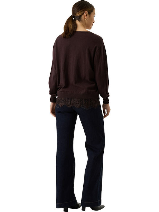 Women's Long Sleeve Cotton Sweater with V-Neck Brown