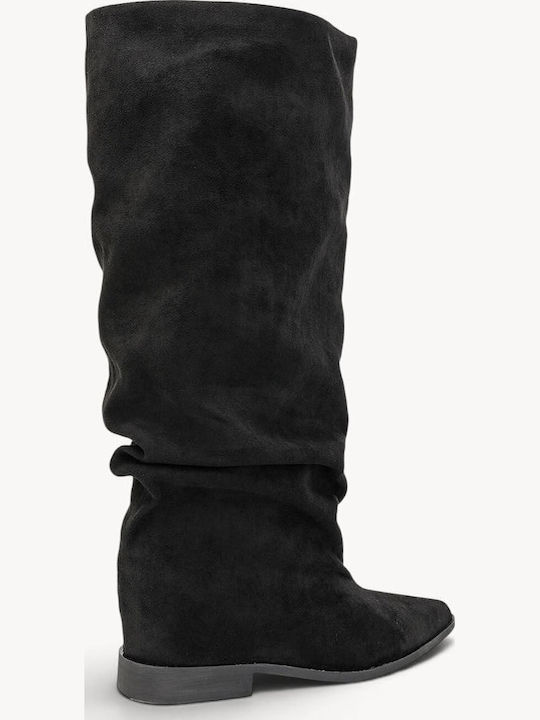 Schwarze Wildleder Damenstiefel Lockerer Korpus Weiche Falten