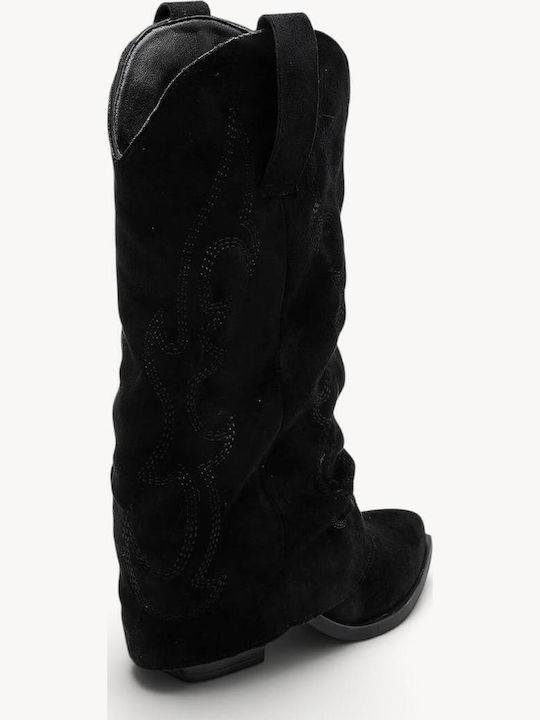 Cizme Negre de catifea cu Toc Cowboy Acoperit