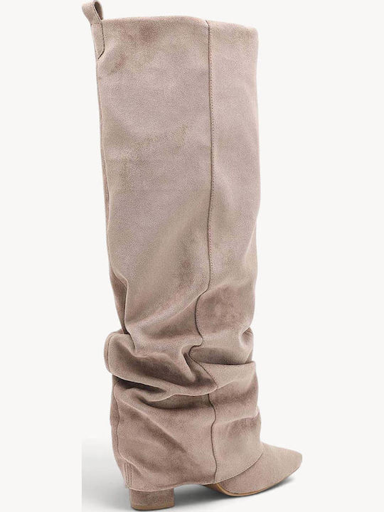 Beige Suede Boots with Wrinkles Block Heel