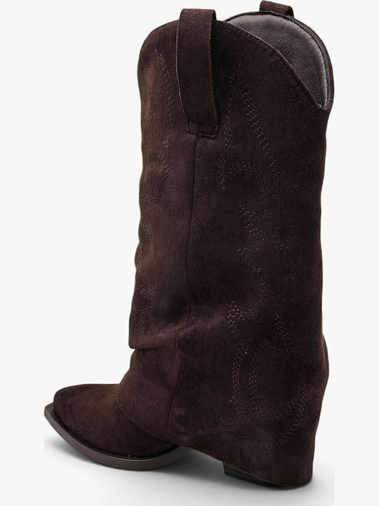 Braune Wildleder Damenstiefel Über dem Knie Cowboy mit Pelz Absatz