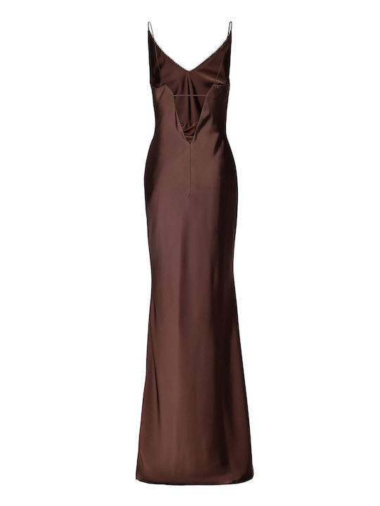 Sommer Maxi Abendkleid Slip Dress Satin Off-Shoulder Cinnamon Braun