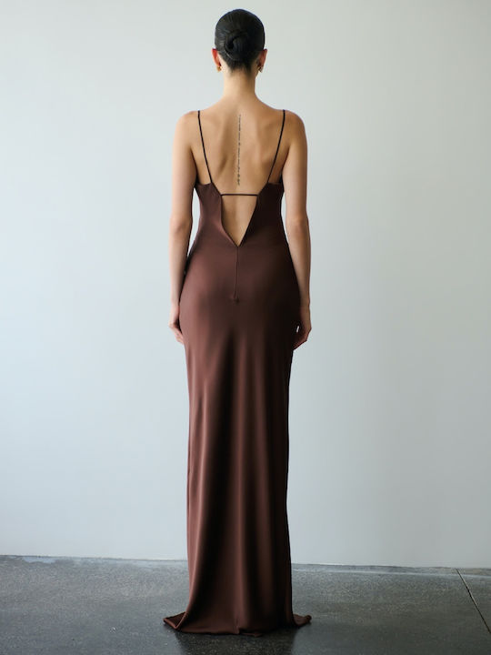 Sommer Maxi Abendkleid Slip Dress Satin Off-Shoulder Cinnamon Braun
