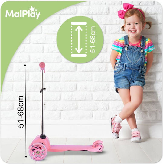 MalPlay Patin pentru copii cu 3 roți cu iluminare LED pentru 3+ ani Roz