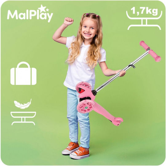 MalPlay Patin pentru copii cu 3 roți cu iluminare LED pentru 3+ ani Roz