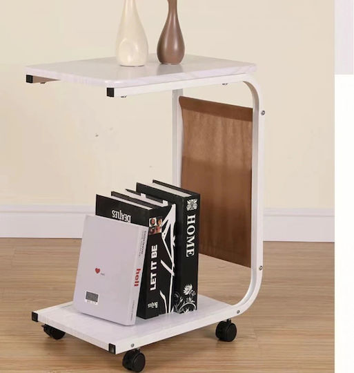 Masă Laterală Rectangulară Din Lemn Cu Roți Albă L65xL30xÎ65cm
