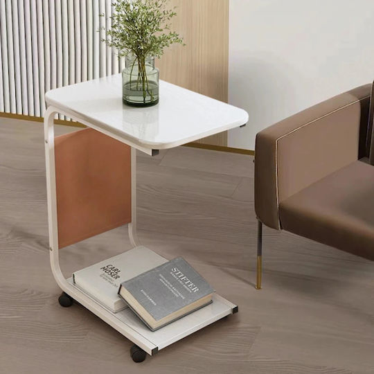 Masă Laterală Rectangulară Din Lemn Cu Roți Albă L65xL30xÎ65cm