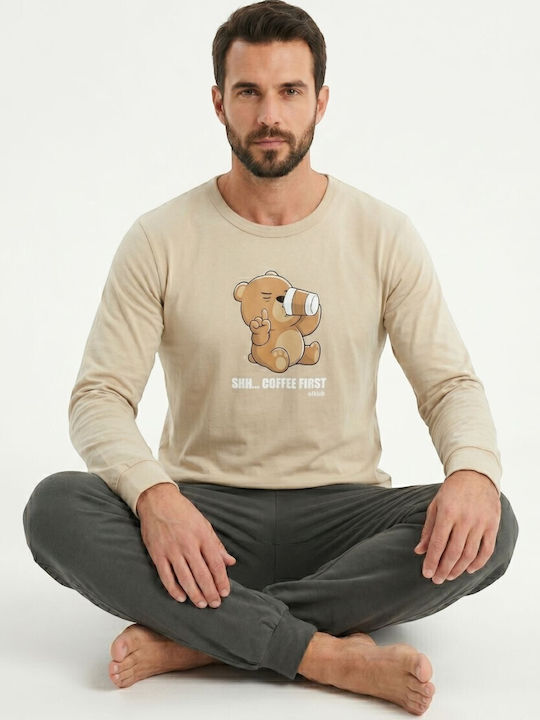 Nina Club Coffee First Men's Pyjamas 100% Cotton Beige Nc27750-57-Beige