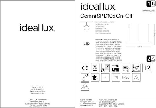 Ideal Lux Gemini Deckenleuchte LED mit Natürliches Weiß Licht 105x105x28.5cm