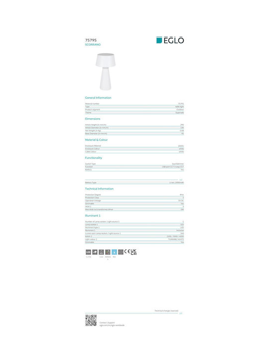 Eglo Eglo Außenstehlampe mit Eingebautes LED und Warm zu kühlem Weiß IP44 Weiß