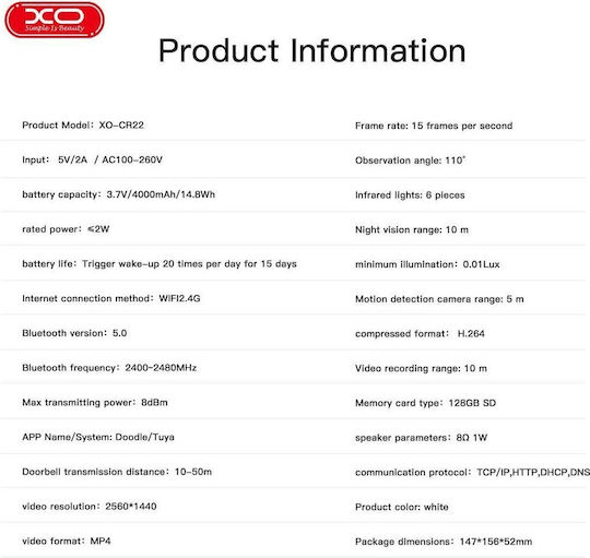 XO Clopoțel de ușă Wi-Fi / Bluetooth