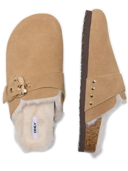 Leder Damen Pantoletten mit Absatz in Tabac Braun Farbe