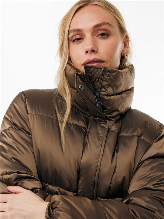 Short Women's Puffer Jacket for Winter Brown