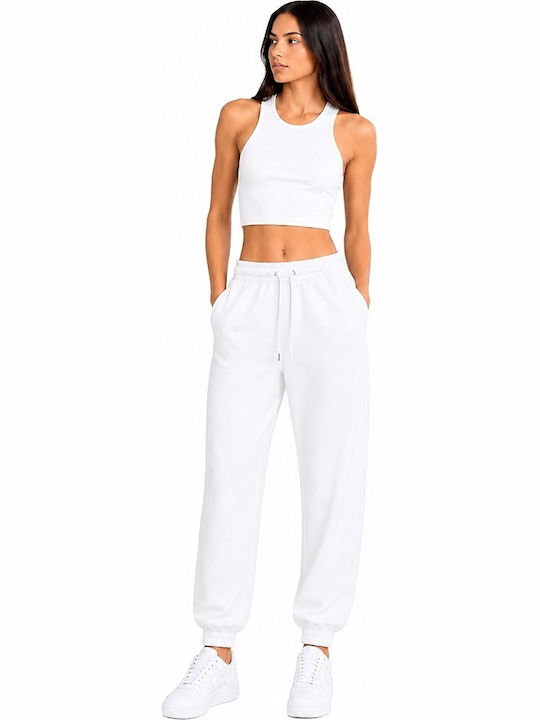 Pantaloni de trening cu talie înaltă cu elastic White