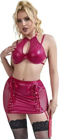 Σετ Bralette & Mini Φούστα Wet Look & Δίχτυ L Xl Κόκκινο