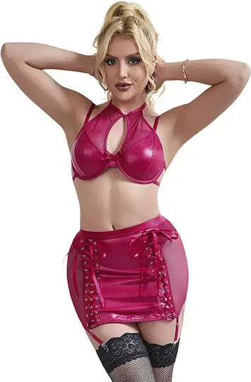 Σετ Bralette & Mini Φούστα Wet Look & Δίχτυ L Xl Κόκκινο