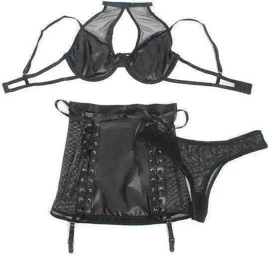 Секси Комплект Bralette и Мини Пола Wet Look и Мрежест L XL