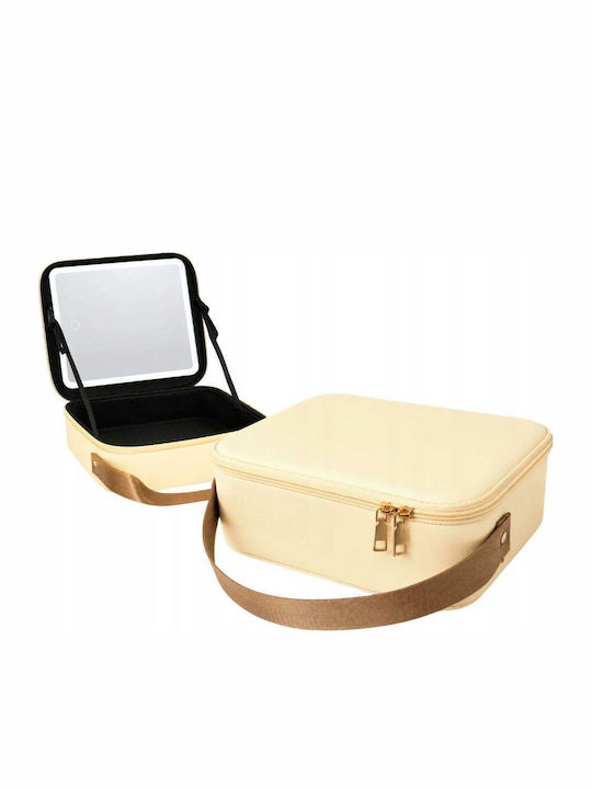Geantă Textilă De Călătorie Pentru Cosmetice Tecos Dimensiuni 26x23x11 Cm Oglindă De Machiaj Iluminată Tehnologie Led Fermoar Dublu Buzunare Multiple Aurie