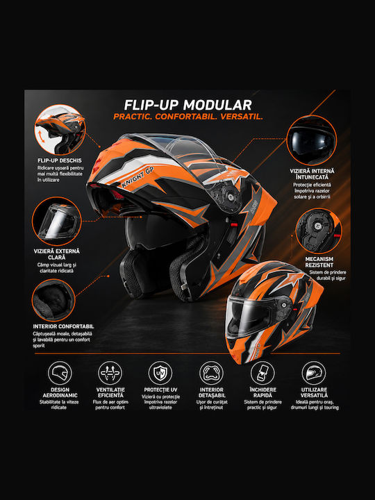 FIXATO Viper Orange Motorradhelm Aufklappbar ECE 22.06 mit Sonnenblende